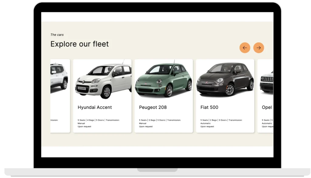 motivar single page car rentals dektop fleet