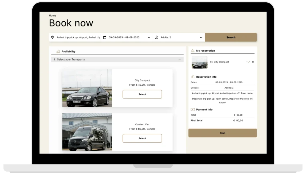 motivar transfers booking engine desktop cart items