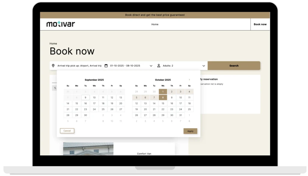 motivar transfers booking engine desktop search dates