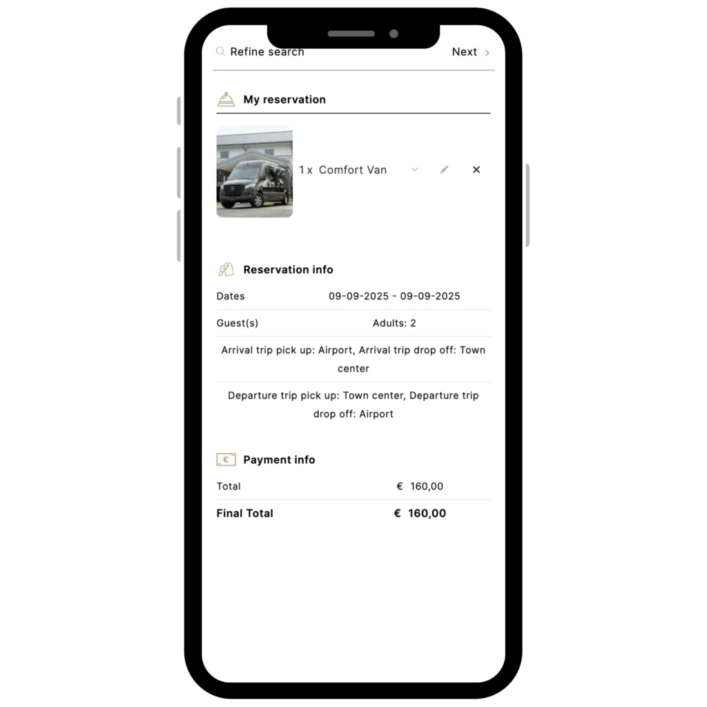 motivar transfers booking engine mobile cart items