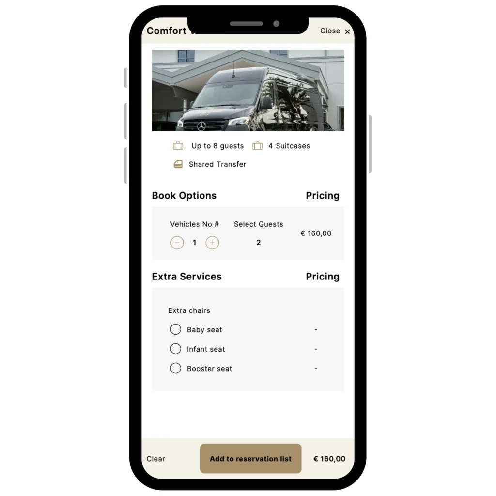 motivar transfers booking engine mobile modal search results