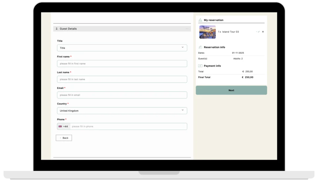 motivar travel service booking engine dektop guest details