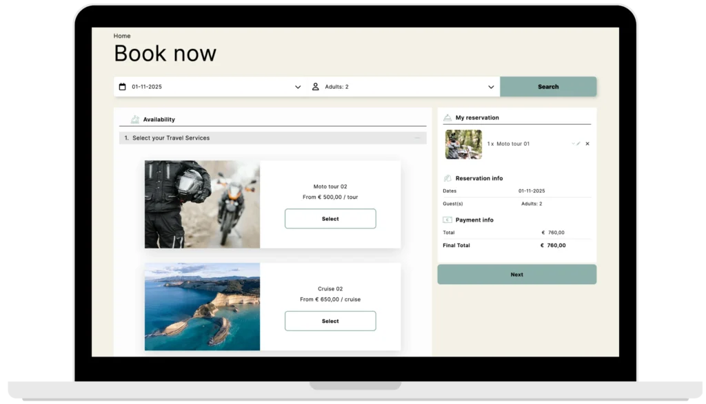 motivar travel service booking engine dektop search results cart